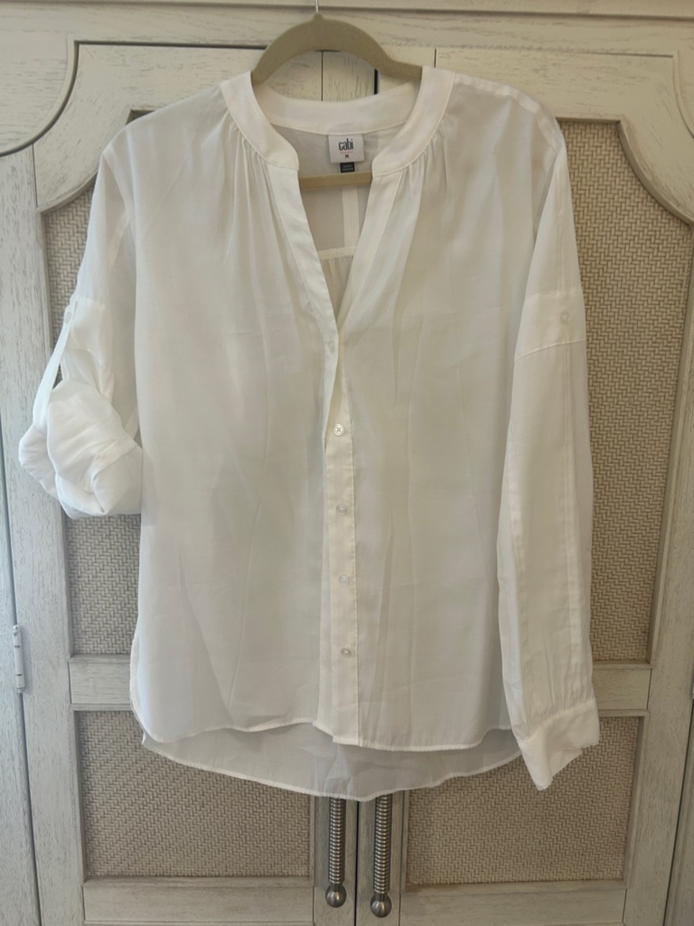 CAbi White Lyric #6500 Button Front Band-Collar Blouse
